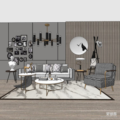现代轻奢 多人沙发茶几组合 单人沙发 地毯 挂画 客厅丨