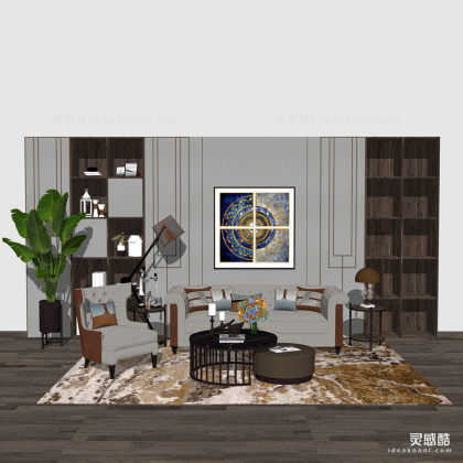 现代轻奢 多人沙发茶几组合 单人沙发 地毯 挂画 客厅丨