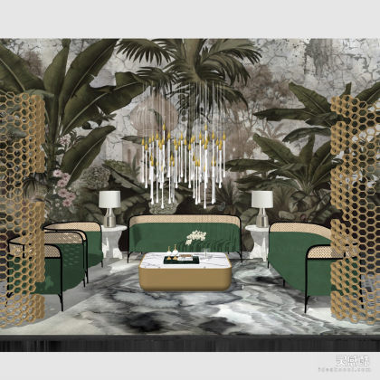 现代轻奢 多人沙发茶几组合 单人沙发 地毯 屏风 吊灯 会客厅丨