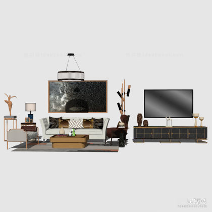 现代轻奢 多人沙发茶几组合 单人沙发 地毯 挂画 电视柜丨