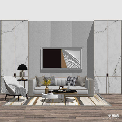 现代轻奢 多人沙发茶几组合 单人沙发 地毯 挂画 客厅丨