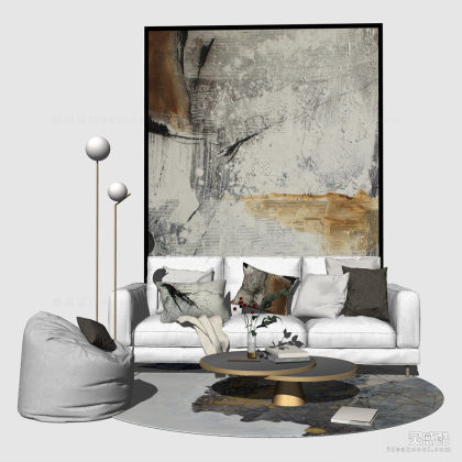 现代轻奢 多人沙发茶几组合 单人沙发 地毯 挂画 客厅丨