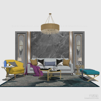 现代轻奢 多人沙发茶几组合 单人沙发 地毯 会客厅丨