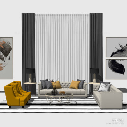 现代轻奢 多人沙发茶几组合 单人沙发 地毯 挂画 会客厅丨