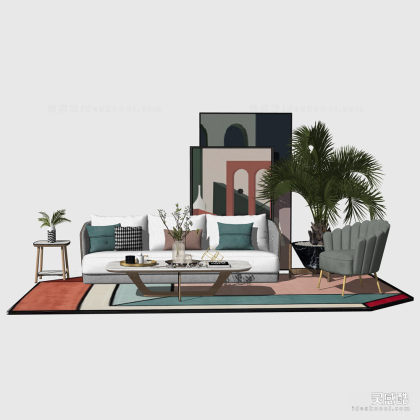 现代轻奢 多人沙发茶几组合 单人沙发 地毯 挂画 会客厅丨