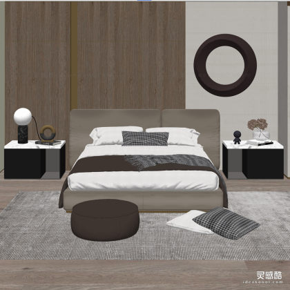 现代布艺双人床 墙饰 床头柜 台灯 卧室丨