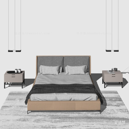 现代双人床 床头柜 床头小吊灯 地毯 卧室丨