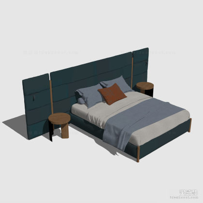 现代绒布皮革双人床  软包丨