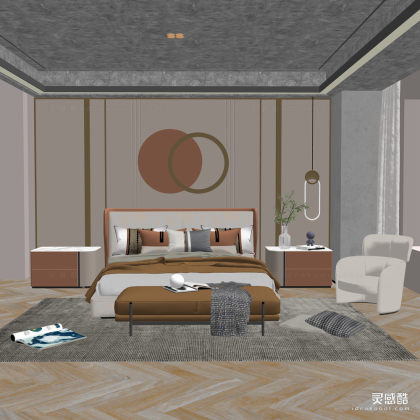 现代双人床  床头柜  休闲椅  吊灯  单人沙发  台灯 卧室丨