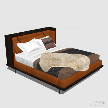 现代布艺双人床  皮毛毯子丨