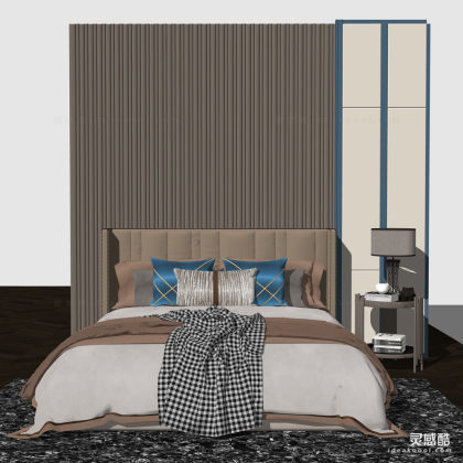 现代简欧式布艺双人床  台灯  边几丨