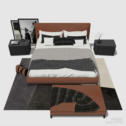 现代双人床 床头柜 台灯 床尾凳  装饰挂画  卧室丨