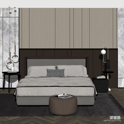 现代双人床 床头柜 床头小吊灯 床尾凳 床头背景墙 卧室丨