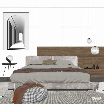 现代卧室双人床 圆形变几 挂画 吊灯丨