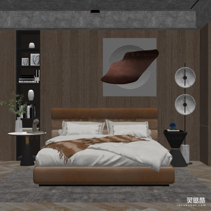 现代双人床 边几 角几 圆几 墙饰挂画装饰画 卧室丨