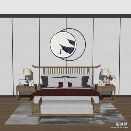 新中式禅意双人床 床头柜 装饰画挂画 台灯 床尾凳 卧室丨