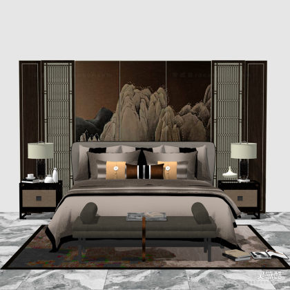 新中式双人床 床尾凳 床头柜 台灯 卧室 屏风丨