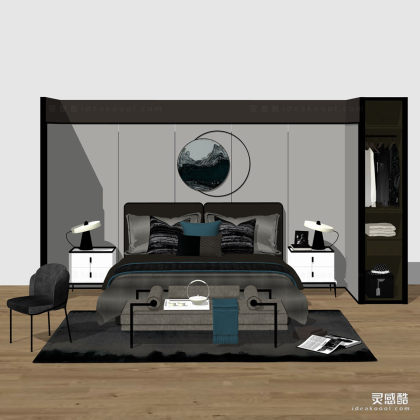 新中式双人床 床尾凳 床头柜 台灯 墙饰 硬包背景墙 卧室丨