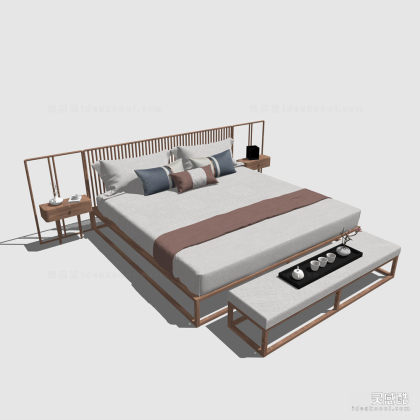 新中式风格双人床 禅意民宿家具 床尾凳 茶具托盘丨