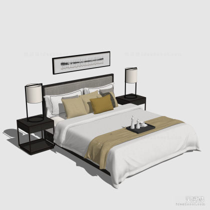 新中式风格双人床 床头柜  装饰挂画丨