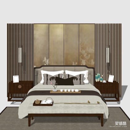新中式卧室实木双人床 床头柜 床尾凳 卧室丨