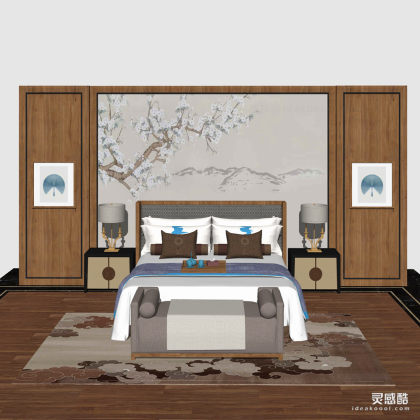 新中式双人床 床头柜 床尾凳 卧室丨