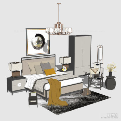 双人床 床头柜 挂画 吊灯丨