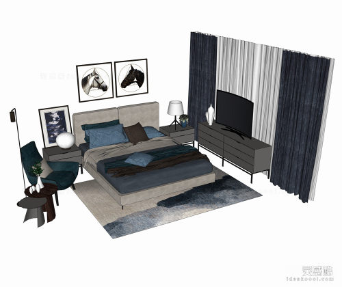 北欧风格双人床 卧室 电视柜 窗帘 挂画丨