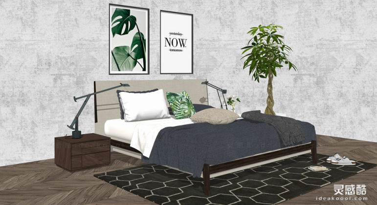 北欧双人床 床头柜 卧室 挂画丨