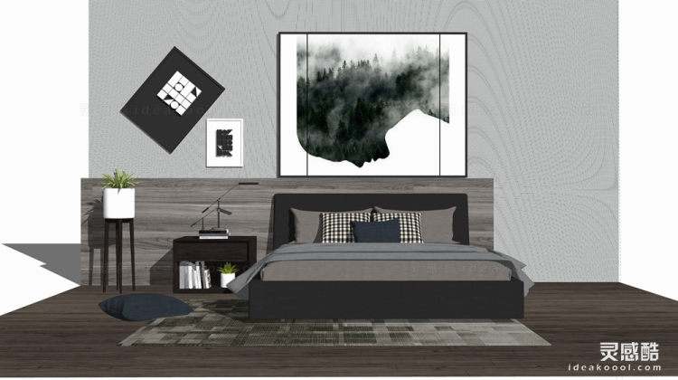 现代北欧双人床 床头柜 挂画丨