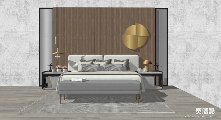 现代双人床 床头柜 墙饰 台灯丨
