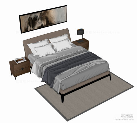 新中式双人床 床头柜 挂画丨