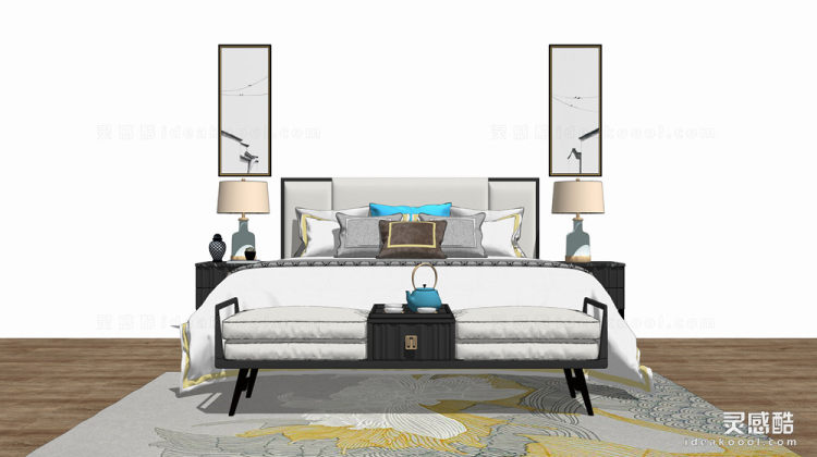 新中式双人床 床头柜 卧室 挂画丨