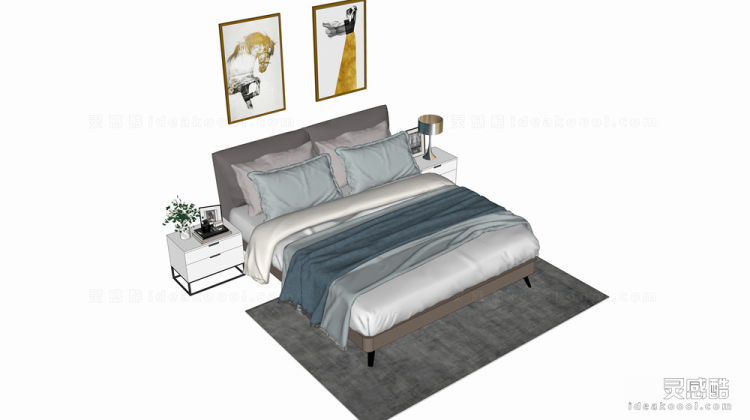 双人床 床头柜 挂画丨