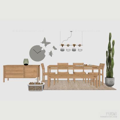 日式餐桌椅组合 餐椅 仙人掌 绿植 吊灯 墙饰丨