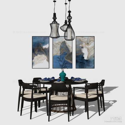 中式餐桌椅组合 餐椅 挂画 吊灯丨