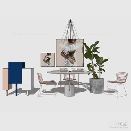 轻奢餐桌椅组合 餐椅 绿植 挂画 吊灯丨