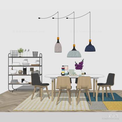 北欧餐桌椅组合 餐椅 吊灯 地毯 餐具器皿丨