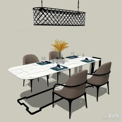 现代餐桌椅组合 餐椅 吊灯丨