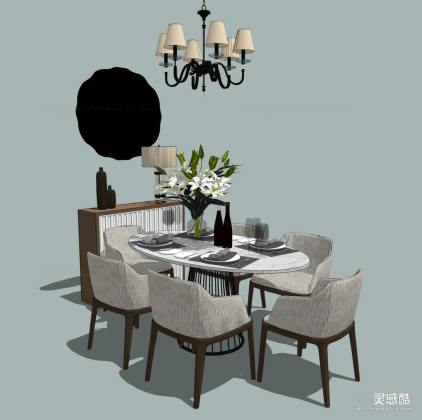 餐桌椅组合 餐椅 吊灯 餐具丨