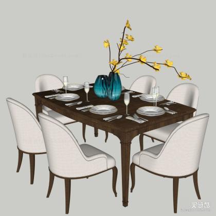 北欧6人餐桌椅组合 餐椅 餐具 花瓶丨