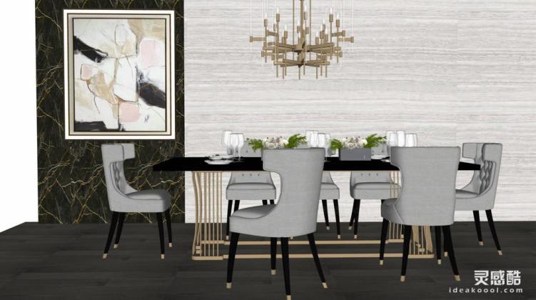 简欧餐桌椅组合 餐椅 吊灯 挂画丨
