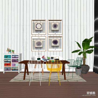 北欧餐桌椅组合 餐椅 挂画 绿植 地毯 餐厅丨