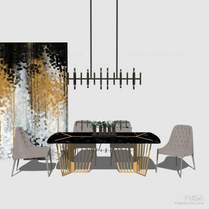 北欧餐桌椅组合 餐椅 挂画 吊灯丨