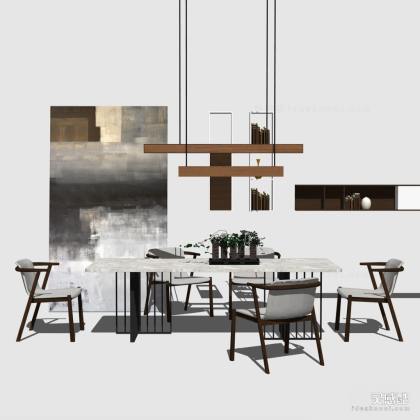 北欧餐桌椅组合 餐椅 挂画 吊灯丨