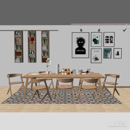 北欧餐桌椅组合 餐椅 餐厅 挂画 地毯丨