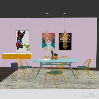 北欧餐桌椅组合 餐椅 餐厅 挂画 吊灯丨