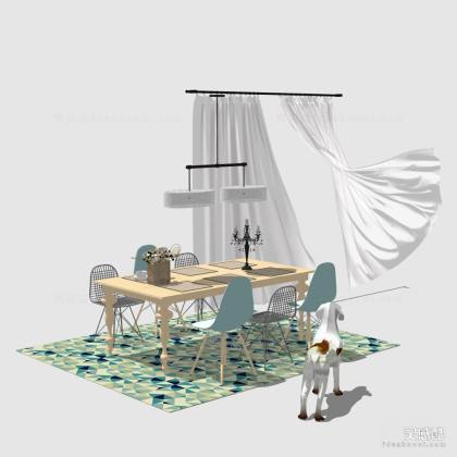 北欧餐桌椅组合 餐椅 窗帘丨