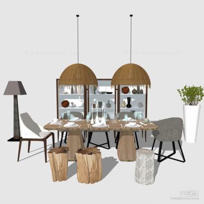 北欧餐桌椅组合 餐椅 竹编吊灯丨