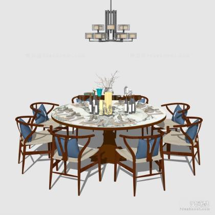 中式餐桌椅组合 餐椅 8人圆桌丨